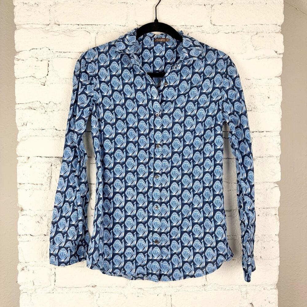 J. McLaughlin Peacock Blue Novelty Print Button Down Long Sleeve XS